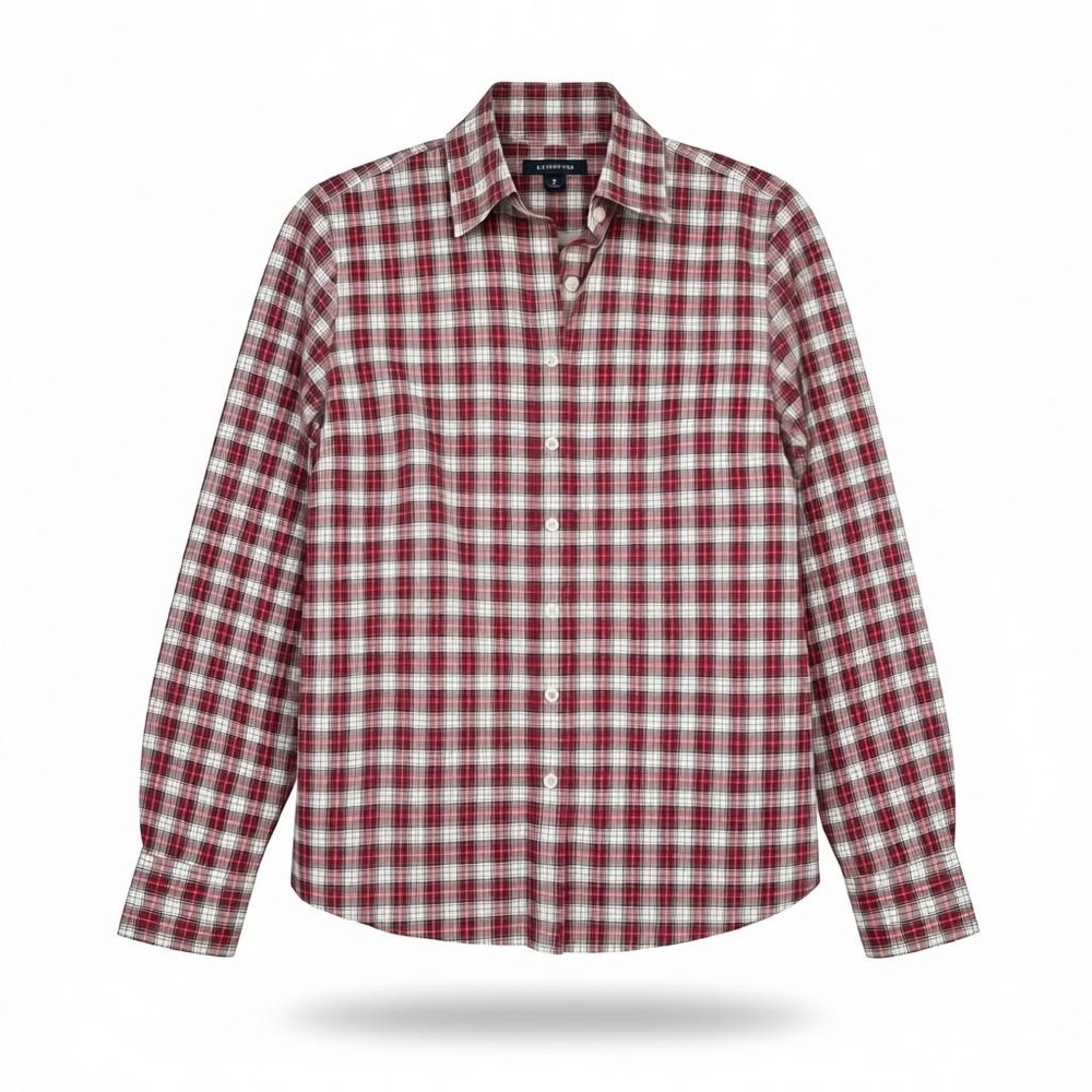 Lands End No Iron Pinpoint Oxford Top Womens Size 8 Red tartan plaid shirt